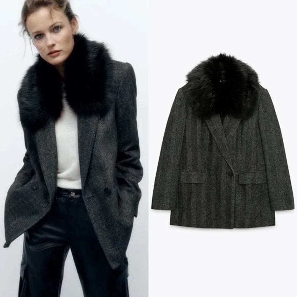 Zara Rare Gray Stripe Removable Faux Fur Collar Blazer Jacket Size Small